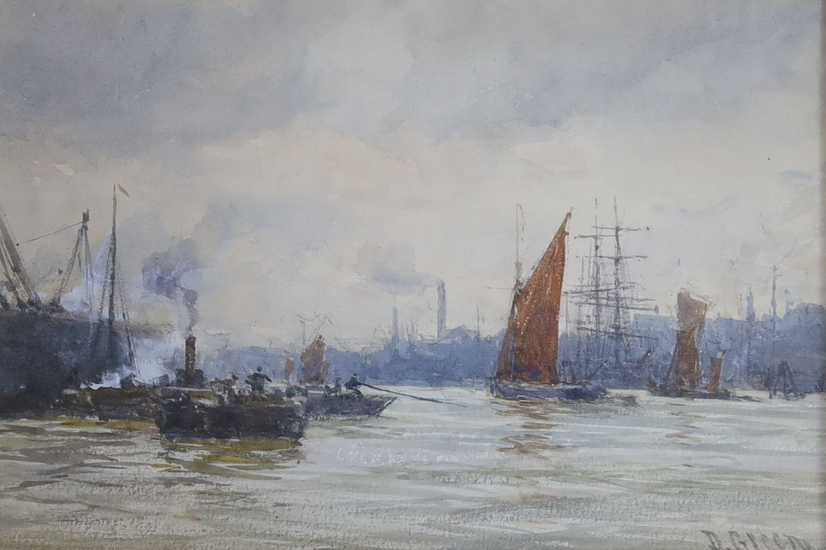 David Gould Green (1854-1917), watercolour, Shipping on The Thames, signed, 15 x 23cm